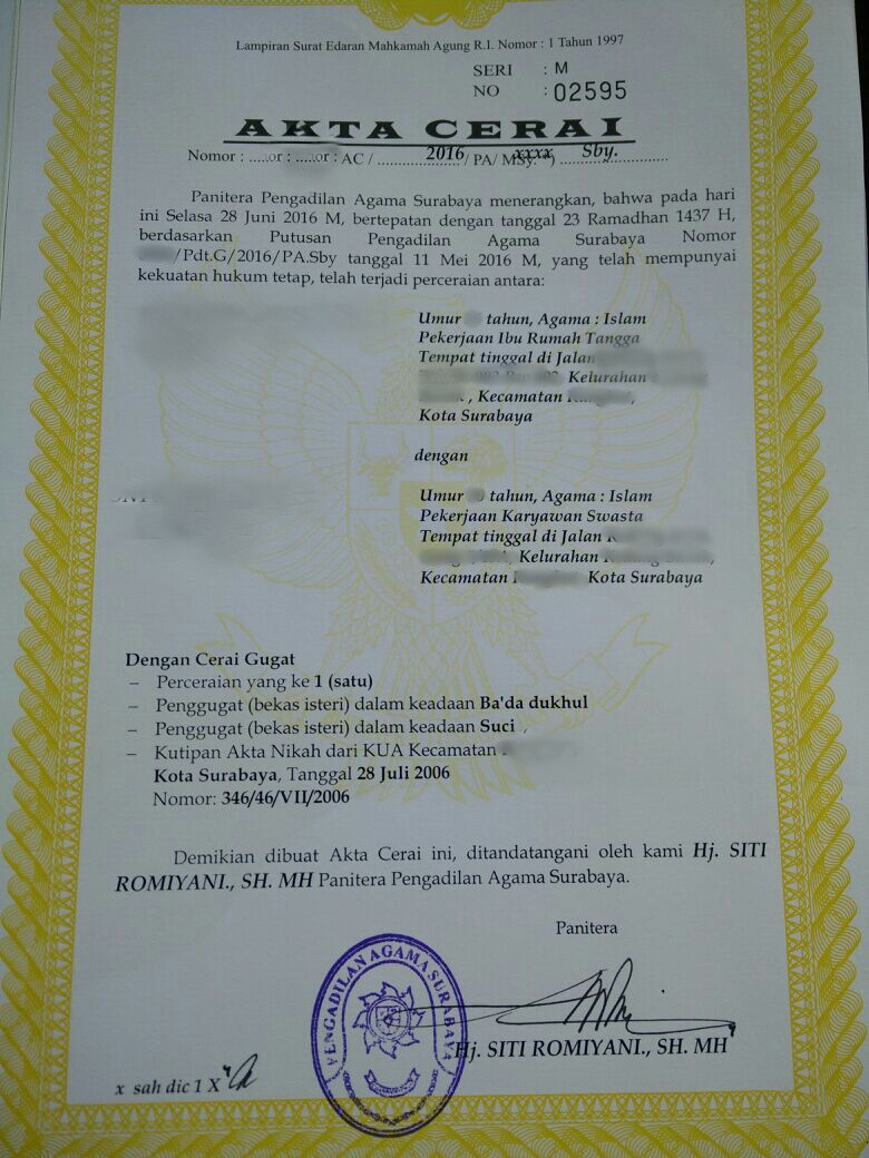 Akta Cerai Pengadilan Agama Surabaya Hendro Kusumo Partners
