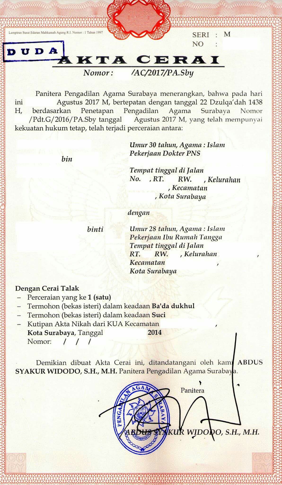 Akte Cerai Pengadilan Agama Surabaya Hendro Kusumo Partners